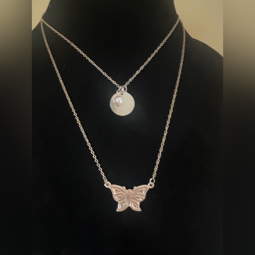 Gold Tone Double Layer Butterfly Pendant Necklace